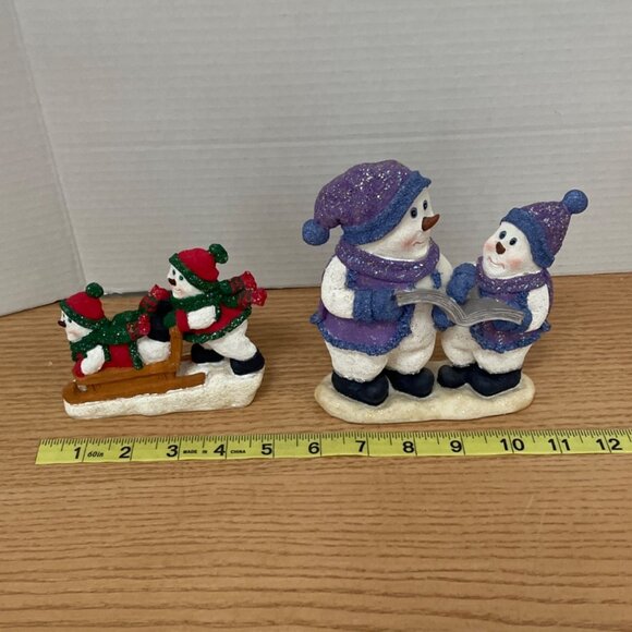 Christmas Snowman Family Figurines Set Carolers and Sledding Expressive Glitter - Picture 6 of 7